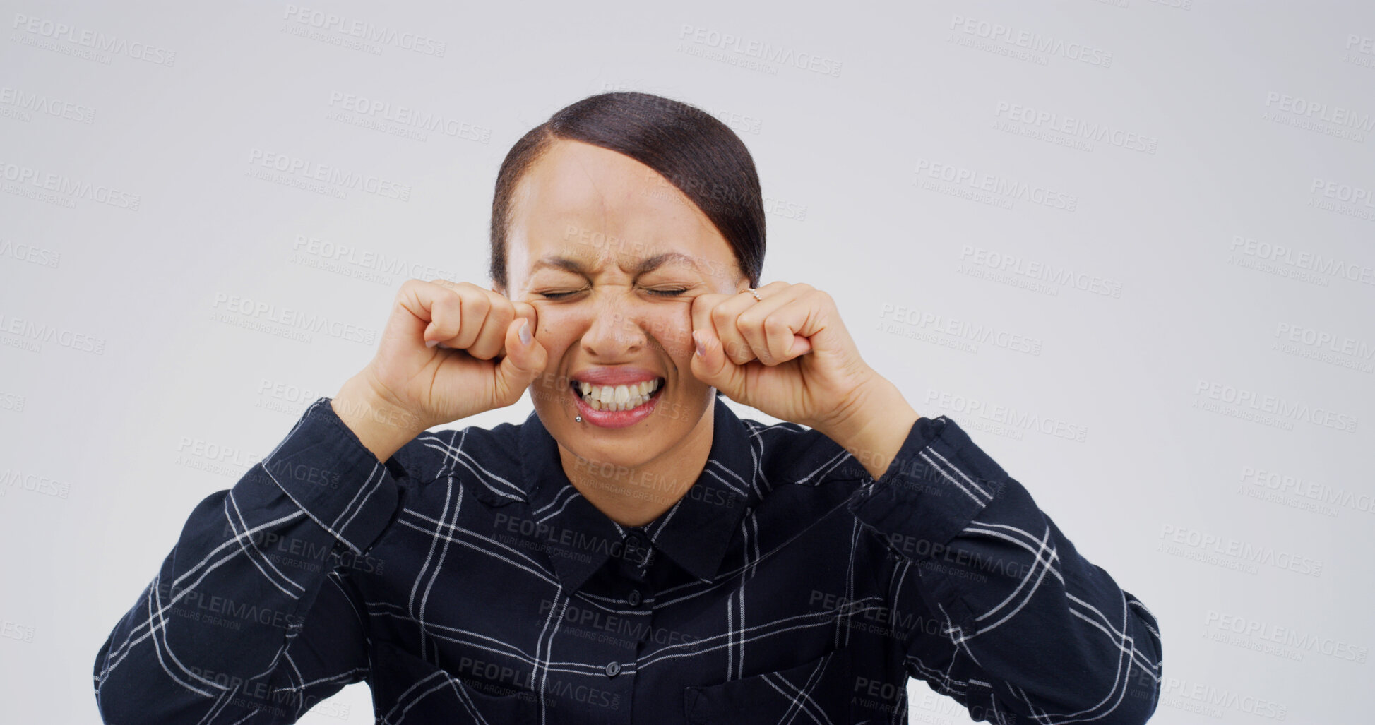 Buy stock photo Woman, crying and sad in studio with stress, mental health or grief for loss on white background. Person, depression and mockup space with broken heart, tears and anxiety with trauma for bad memory