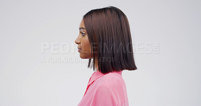 Buy stock photo Hair care, profile and woman in studio for beauty, keratin and space on white background. Serious person, hairstyle and cosmetics for hairdresser, thinking and salon treatment for growth with texture