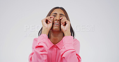 Buy stock photo Crying, depression and sad with woman on studio space for reaction for bad news of grief, loss or pain. Broken heart, emotions and stress with unhappy person isolated on white background for mourning