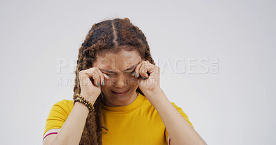 Buy stock photo Crying, sad and stress with woman on studio space for reaction for bad news of grief, loss or pain. Broken heart, depression and emotions with unhappy person isolated on white background for mourning