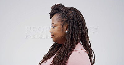 Buy stock photo Hair care, profile and black woman in studio for beauty, braids and space on white background. African person, hairstyle and cosmetics for hairdresser, thinking and salon treatment with texture