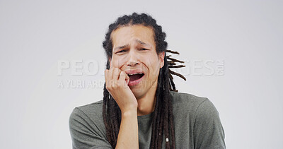 Buy stock photo Crisis, crying and portrait of man in studio for depression, heartbreak and sad. Mental health, overwhelmed and rejection with person on white background space for shame,  mistake and emotional