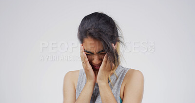 Buy stock photo Sad woman, stress or cry with emotion in studio for mistake or depression on a white background. Female person, model or disaster with anxiety or mental health for abuse or frustrated on mockup space