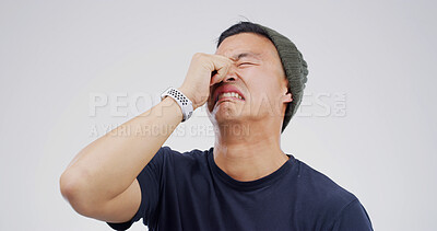 Buy stock photo Sad man, stress or crying with emotion in studio for mistake or depression on a white background. Male person, model or disaster with breakup, sob or mental health for bad news, breakdown or divorce