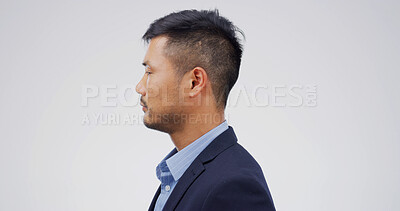 Buy stock photo Asian man, profile and hair care in studio with healthy growth, styling and grooming results. Serious, male person and beard for collagen treatment, salon transformation and benefits white background