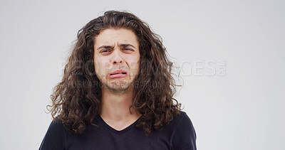 Buy stock photo Depression, crying and portrait of man in studio for sad, heartbreak and crisis. Mental health, overwhelmed and rejection with person on white background space for shame, mistake and emotional
