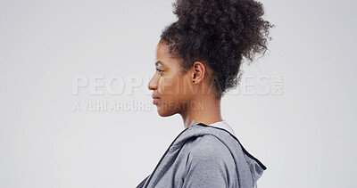 Buy stock photo Profile, thinking and woman in studio for vision, insight or  inspiration for education. African person, serious and reflection of thoughts, college or student with decision on white background space
