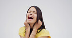 Woman, crying and scream in studio with depression, mental health or grief for loss on white background. Person, stress and mockup space with broken heart, shout or anxiety with trauma for bad memory