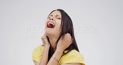 Buy stock photo Crying, sad and screaming with woman on studio space for reaction for bad news of grief, loss or pain. Broken heart, depression and stress with person shouting on white background for mourning