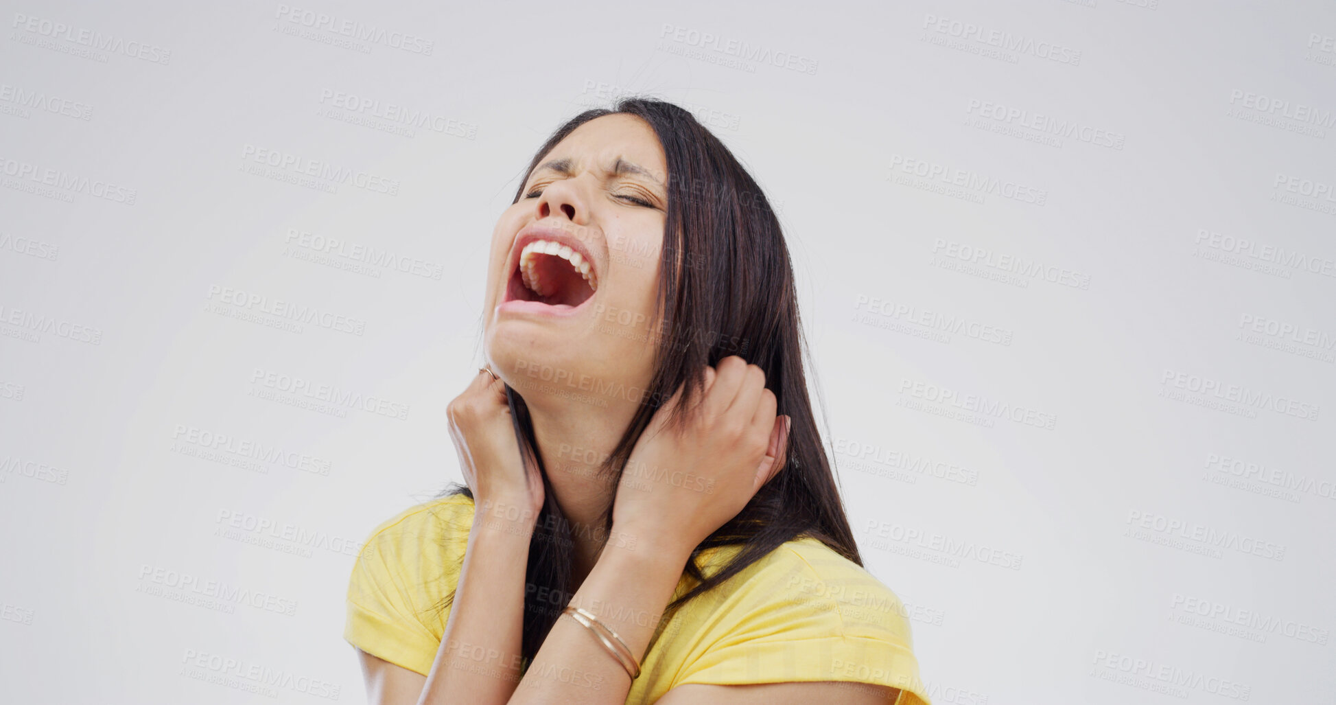 Buy stock photo Crying, sad and screaming with woman on studio space for reaction for bad news of grief, loss or pain. Broken heart, depression and stress with person shouting on white background for mourning
