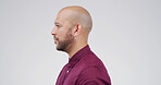 Man, profile and beard with facial hair in studio for style or salon on white background. Barber, male person or model with bald head or sideburns for grooming sense or styling on mockup space