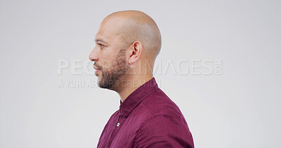 Buy stock photo Man, profile and beard with facial hair in studio for style or salon on white background. Barber, male person or model with bald head or sideburns for grooming sense or styling on mockup space