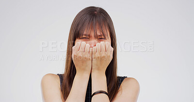 Buy stock photo Portrait, crying and woman in studio, sad and depression with emotion on white background. Asian person, mockup and anxiety with mental health, tears and stress with grief, loss and broken heart