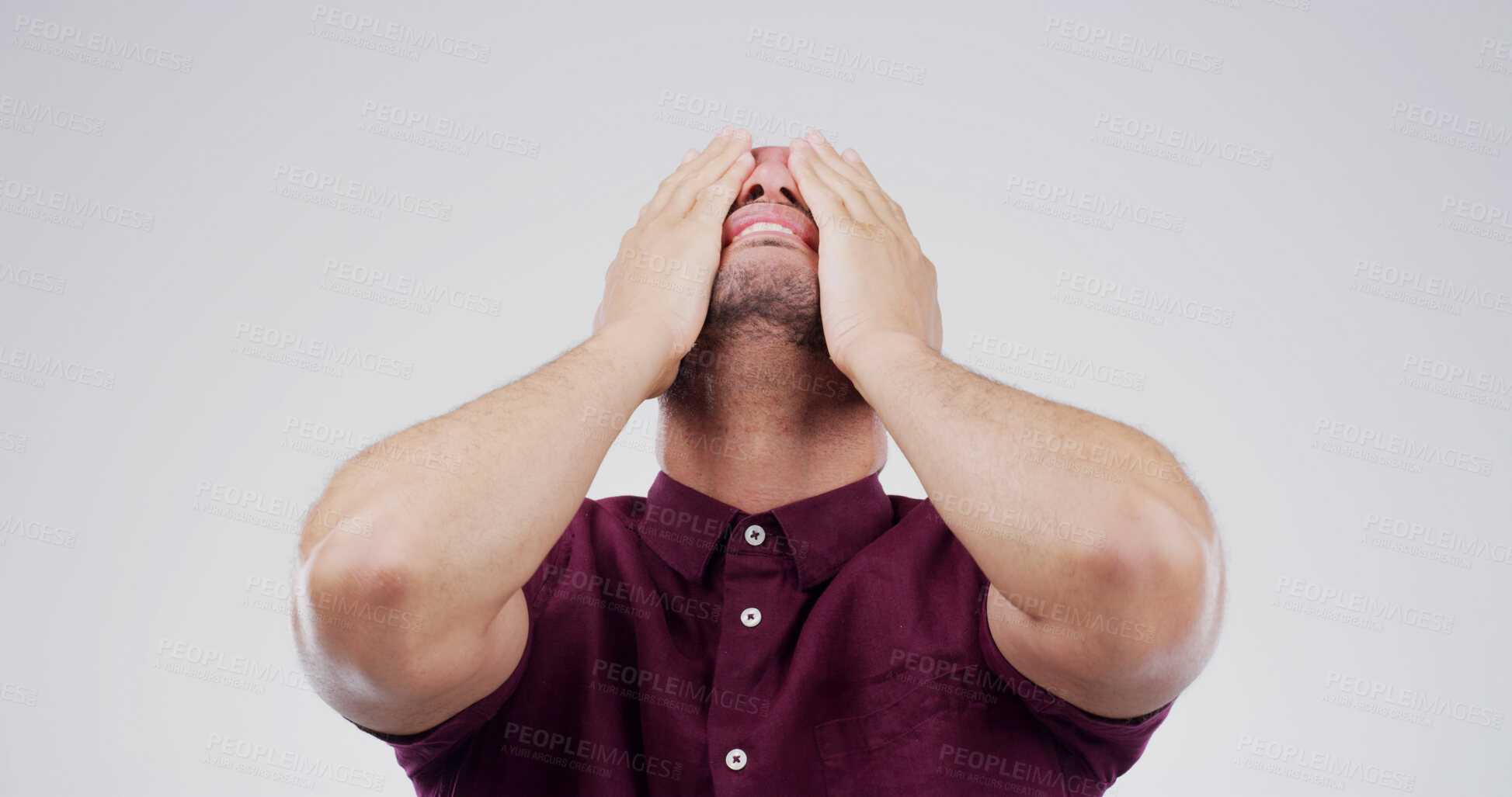 Buy stock photo Embarrassed, guilt and worry with hands on man in studio for debt crisis, challenge or gambling addict. Lottery mistake, mental health and finance loss with person on white background space for fail 