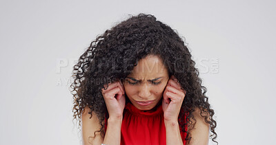 Buy stock photo Emotional, woman and crying with grief in studio for bad news, mourning loss and breakdown. Female person, sorrow and sad reaction for trauma memory, heart broken and panic attack on white background