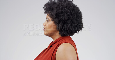 Buy stock photo Profile, employee and black woman with pride, creative or serious for career development or reporter. White background, studio and person with ambition for story, mockup space and writer with project