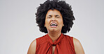 Sad, black woman and crying with afro in regret for breakup or divorce on a white studio background. Female person, upset or frustrated model moping with stress for loss, mental health or bad news