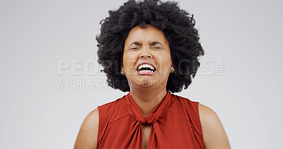 Buy stock photo Sad, black woman and crying with afro in regret for breakup or divorce on a white studio background. Female person, upset or frustrated model moping with stress for loss, mental health or bad news