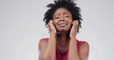 Buy stock photo Sad, black woman and crying in studio with tears, mourning loss and emotional for memory. Female person, grief and sorrow with mental health crisis, bad news and PTSD trauma on white background