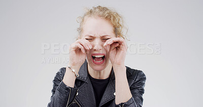 Buy stock photo Emotions, crying and depression with woman on studio space for reaction for bad news of grief, loss or pain. Broken heart, sad and stress with unhappy person isolated on white background for mourning