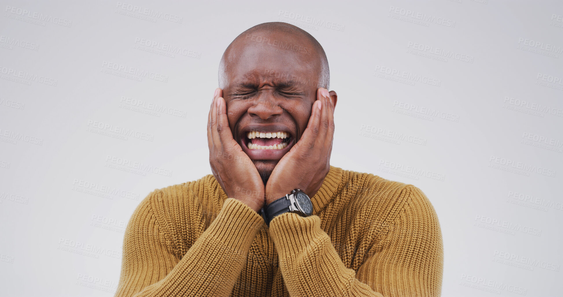Buy stock photo Sad, black man and crying  in studio with depression, mourning loss and emotional for memory. Male person, grief and sorrow with mental health crisis, bad news and PTSD trauma on white background