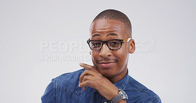 Buy stock photo Portrait, pointing and black man in studio, announcement and choice on white background. African person, mockup and space with discount deal, opportunity and sales with promotion, showing or decision