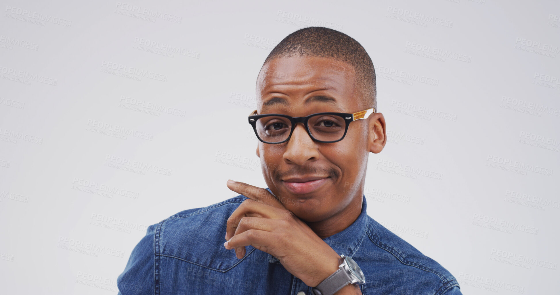 Buy stock photo Portrait, pointing and black man in studio, announcement and choice on white background. African person, mockup and space with discount deal, opportunity and sales with promotion, showing or decision