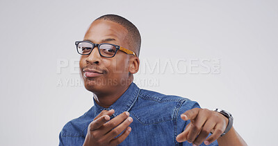 Buy stock photo Portrait, pointing to you and black man in studio, excited and motivation on white background. African person, opportunity and space with announcement, discount deal and sales with promotion