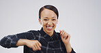 Portrait, smile and woman dancing in studio for good news, lottery winner and celebration. Person, moving and rhythm of sales announcement, free giveaway and party for bonus prize on white background