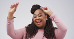 Portrait, smile and black woman dance in studio for good news, lottery winner and celebration. Person, moving and rhythm for announcement, free giveaway and party for bonus prize on white background