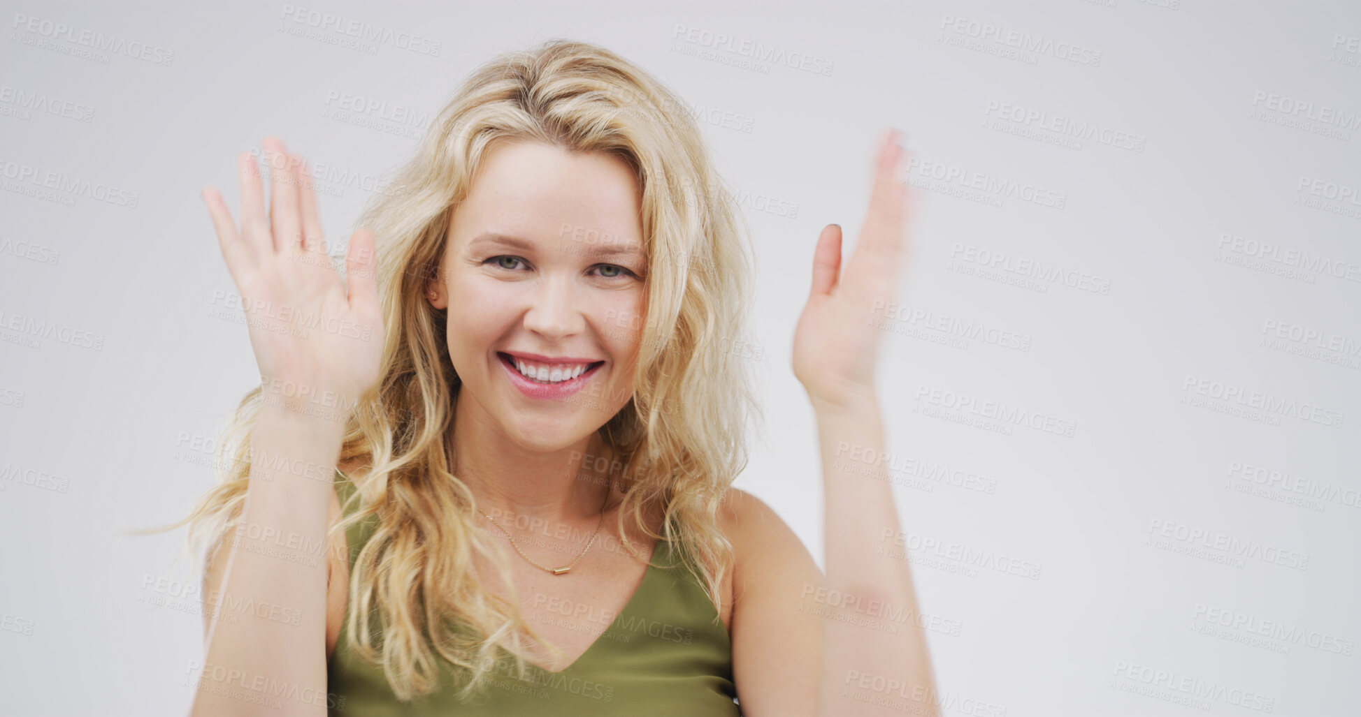 Buy stock photo Dance, hand gesture and portrait of woman on studio space for energy, excitement or having fun. Celebration, music and smile of happy person isolated on white background for event, joy or party