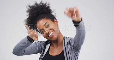 Buy stock photo Portrait, African woman and dance in studio for good news, lottery winner and celebration. Person, moving and rhythm of sales announcement, free giveaway and party for bonus prize on white background