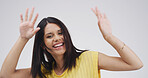 Portrait, dancing and woman with celebration in studio for good news, lotto winner and bonus prize. Music, excited person and energy on white background for giveaway announcement, promo sale or party