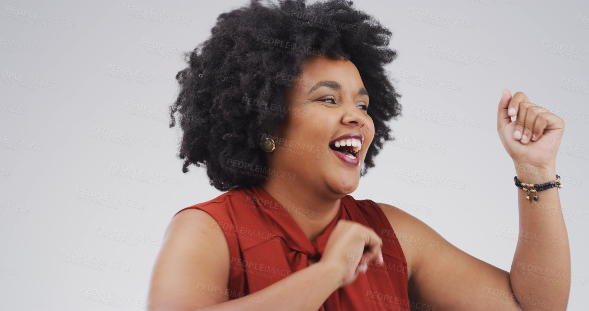 Buy stock photo Happy, black woman and dancing with playful expression for fun vibes on a white studio background. Excited, female person or energetic dancer with smile in joy for fashion or style on mockup space