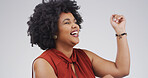 Happy woman, fashion and afro with accessory for style or expression on a white studio background. Excited, female person or model dancing with smile in joy or clothing for energy, vibe or feel good