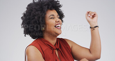 Buy stock photo Happy woman, fashion and afro with accessory for style or expression on a white studio background. Excited, female person or model dancing with smile or clothing for energy, vibe or feel good
