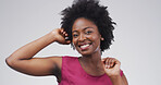 Happy, black woman and portrait with afro in studio for energy, vibe or style on a white background. Face, female person or African model dancing with smile, joy or energetic expression for fashion