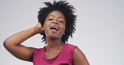 Buy stock photo Dance, hand gesture and portrait of black woman on studio space for energy, excitement or having fun. Attitude, celebration and music with happy person isolated on white background for event or party