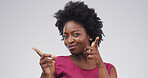 Portrait, pointing and black woman in studio, excited and choice on white background. African person, face and hand gesture with announcement, discount deal and sales with promotion and decision