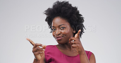 Buy stock photo Portrait, pointing and black woman in studio, excited and choice on white background. African person, face and hand gesture with announcement, discount deal and sales with promotion and decision