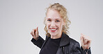 Happy, portrait and woman with dancing in studio for good news, celebration and promo winner. Mockup space, person and energy on white background for giveaway announcement, discount deal and rhythm