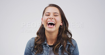 Buy stock photo Portrait, laugh and woman in studio for crazy emotion, joke and silly on white background space. Smile, excited and funny female person with LOL, happiness and comic with comedy for humor in Sweden