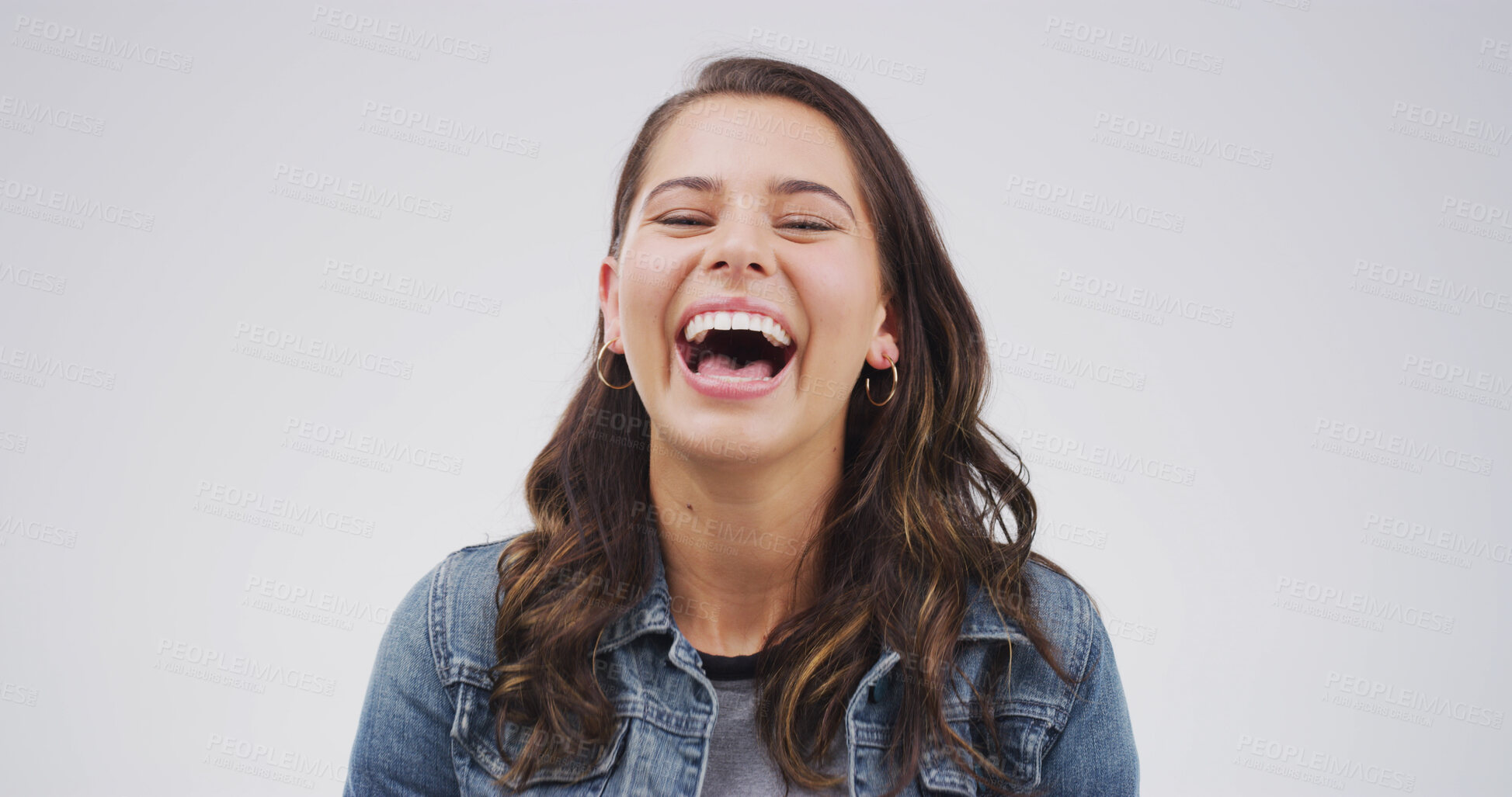 Buy stock photo Portrait, laugh and woman in studio for crazy emotion, joke and silly on white background space. Smile, excited and funny female person with LOL, happiness and comic with comedy for humor in Sweden
