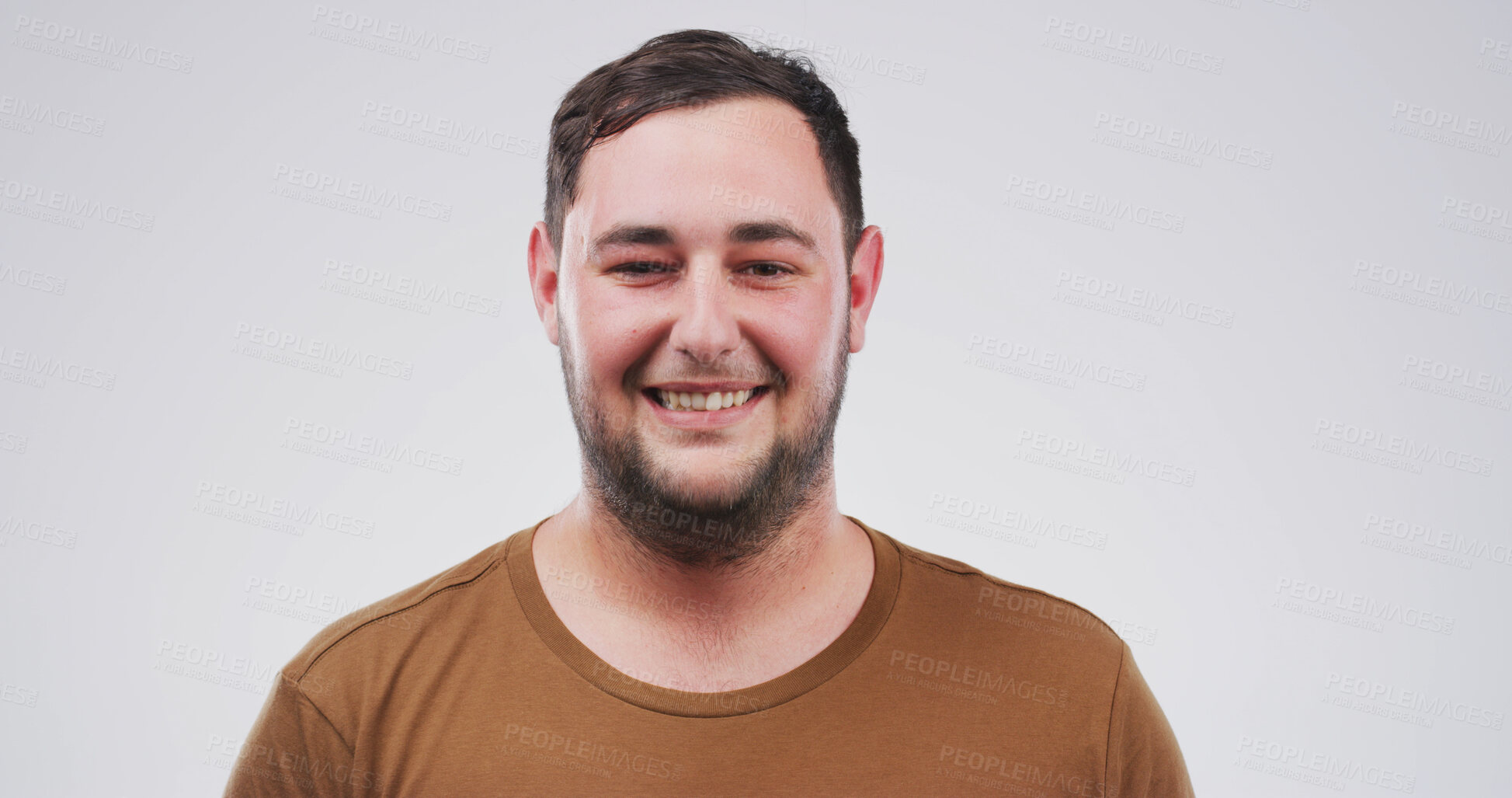 Buy stock photo Happy man, portrait and student with beard in studio for college education on a white background. Face, male person or model with smile or positive attitude for university or learning on mockup space