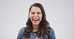 Portrait, laugh and funny woman in studio for emotion, joke and silly on white background space. Smile, excited and comic female person with LOL, happiness and crazy with comedy for humor in Sweden