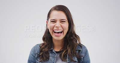 Buy stock photo Portrait, laugh and funny woman in studio for emotion, joke and silly on white background space. Smile, excited and comic female person with LOL, happiness and crazy with comedy for humor in Sweden