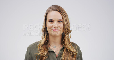 Buy stock photo Portrait, writer and woman with pride, studio or creative for journalism, employee or career growth. White background, reporter and person with confidence for story, ambitious and opportunity in USA