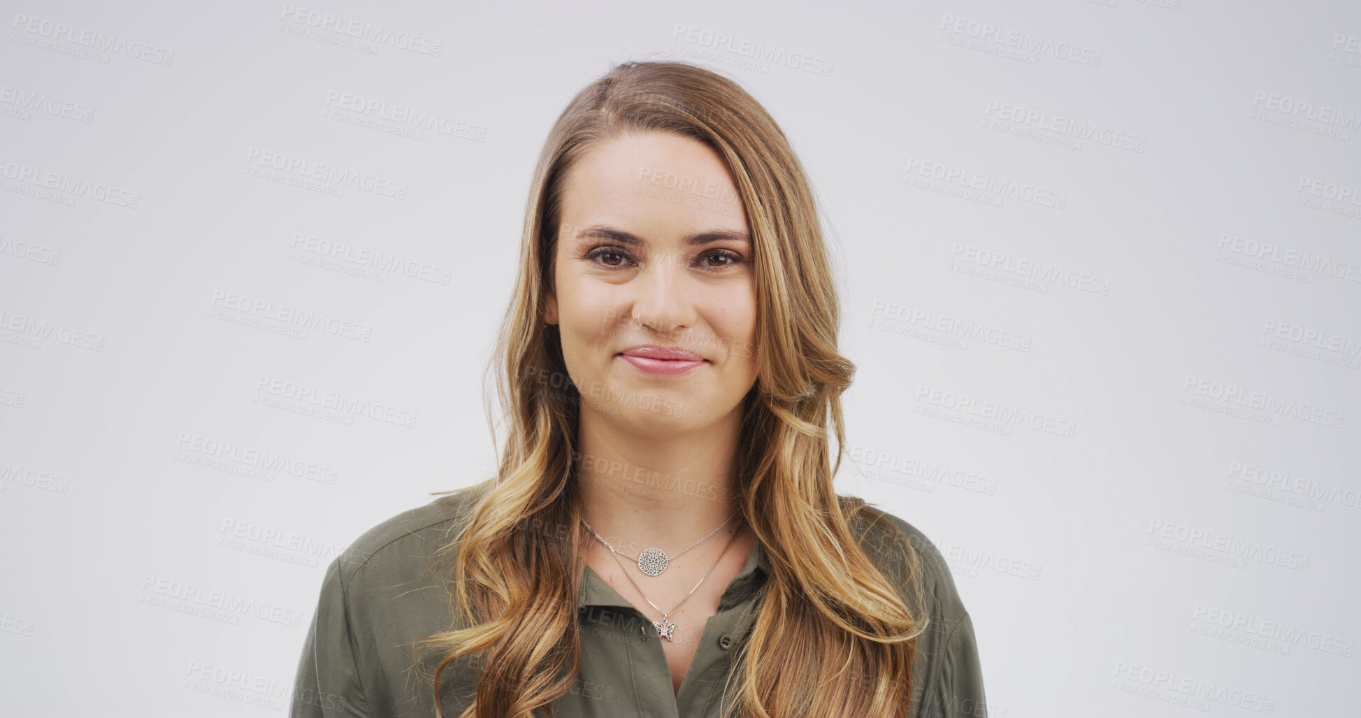 Buy stock photo Portrait, writer and woman with pride, studio or creative for journalism, employee or career growth. White background, reporter and person with confidence for story, ambitious and opportunity in USA