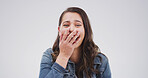 Laughing, happy and portrait of woman in studio with comedy, joke or silly humor for good mood. Giggle, positive attitude and face of female person from Canada with funny comic by white background.