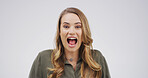 Portrait, screaming and woman with shock, studio or expression for announcement or white background. Shouting, person and reaction for sale, surprised and excited for discount, amazed and wow in USA